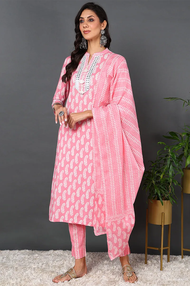 Cotton Pink Printed Straight Kurta Pant With Dupatta