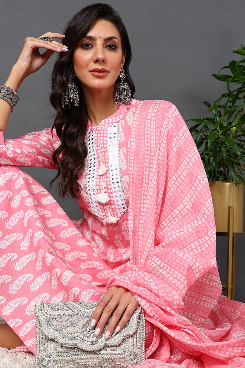 Cotton Pink Printed Straight Kurta Pant With Dupatta