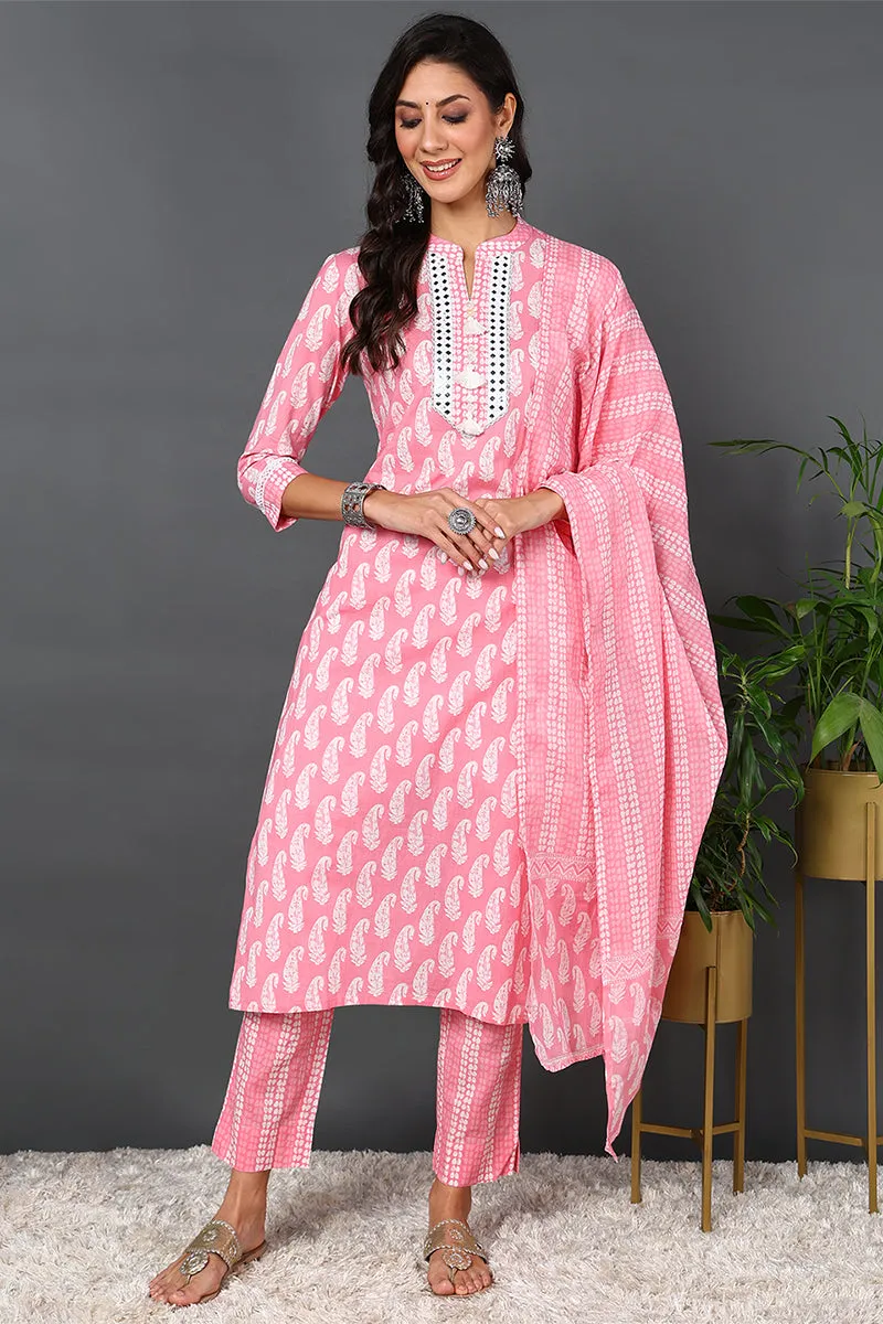 Cotton Pink Printed Straight Kurta Pant With Dupatta