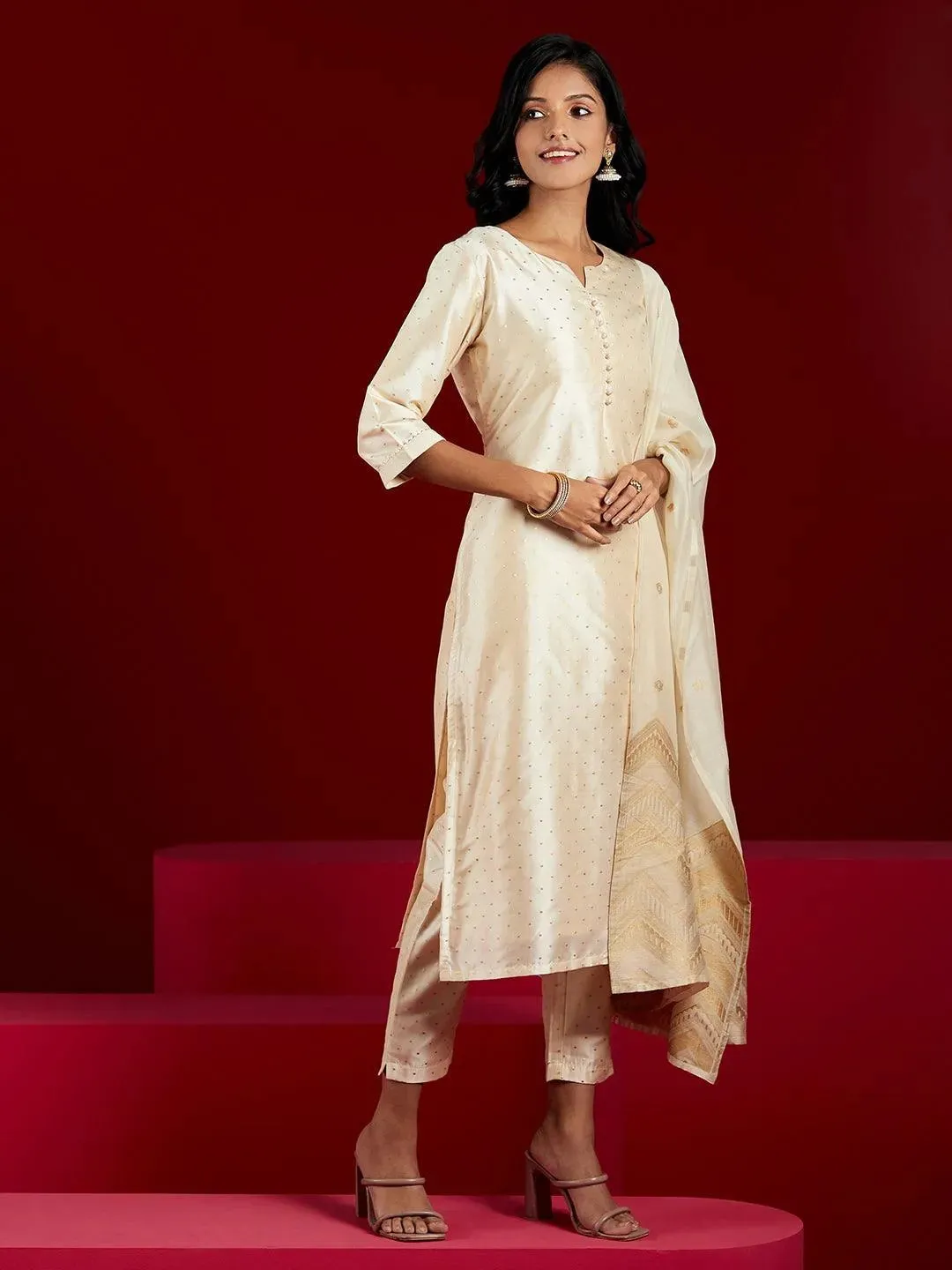 Cream Woven Design Art Silk Straight Suit With Dupatta