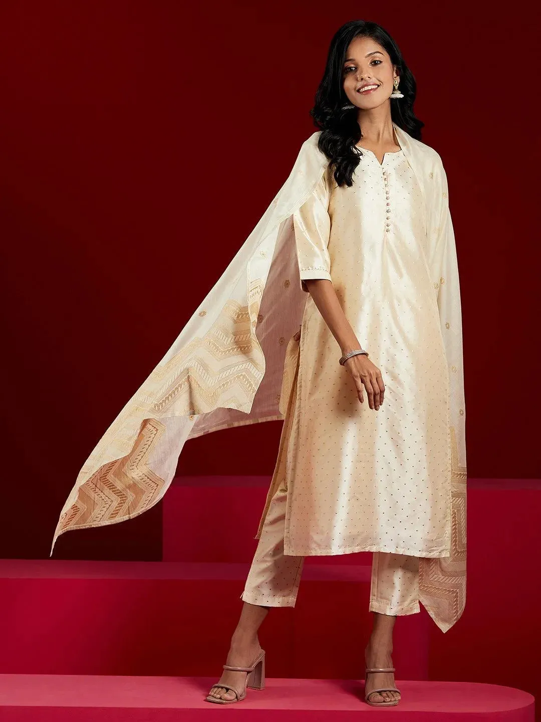 Cream Woven Design Art Silk Straight Suit With Dupatta