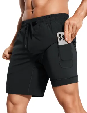 CRZ YOGA Men's 2 in 1 Running Shorts with Liner - 7'' Quick Dry Workout Sports Athletic Shorts with Pockets Black Small