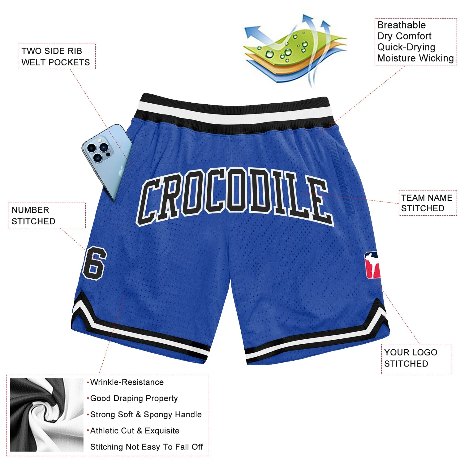 Custom Blue Black-White Authentic Throwback Basketball Shorts