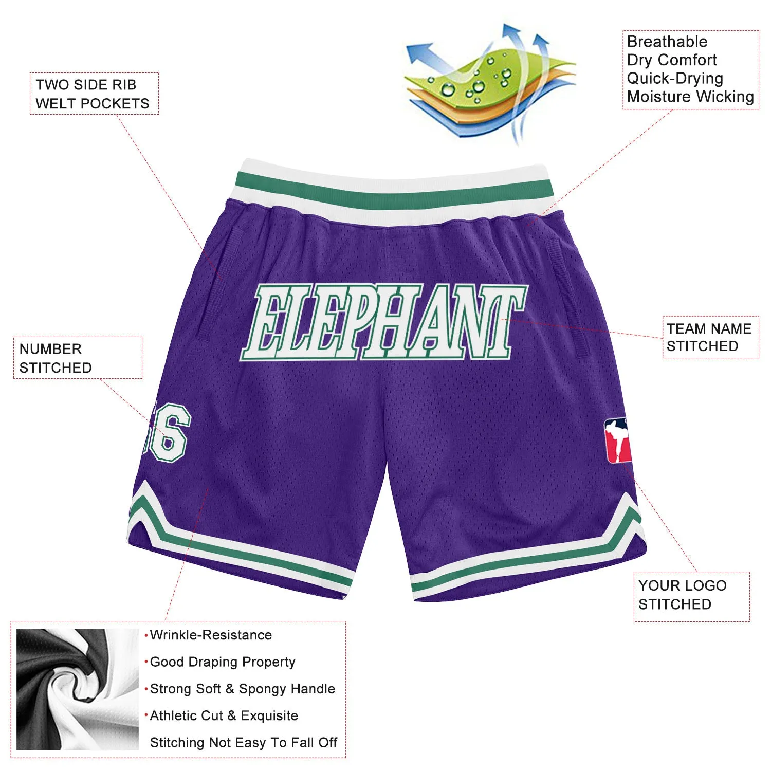 Custom Purple White-Kelly Green Authentic Throwback Basketball Shorts