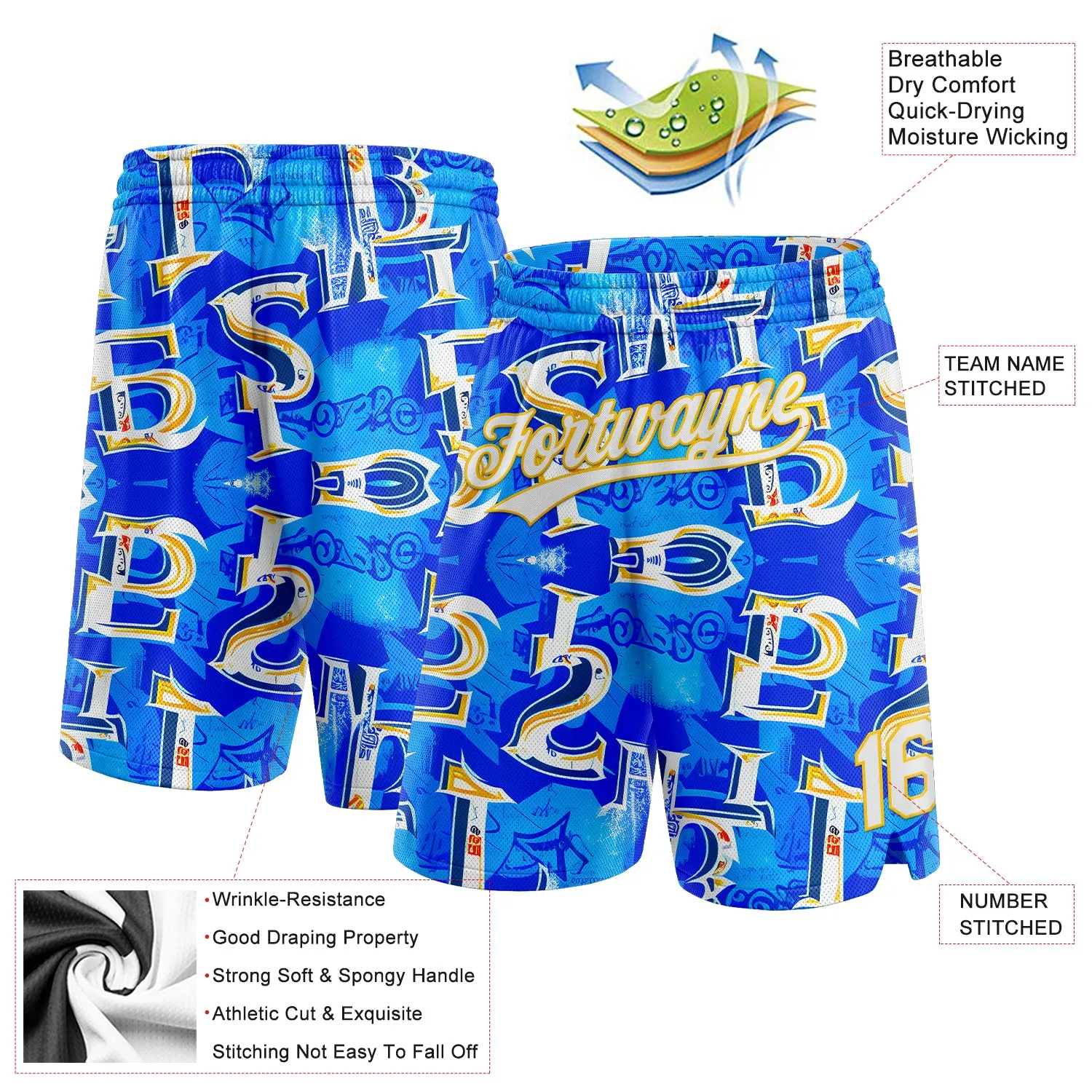 Custom Royal White-Yellow 3D Pattern Ocean Graphic Geometry Authentic Basketball Shorts