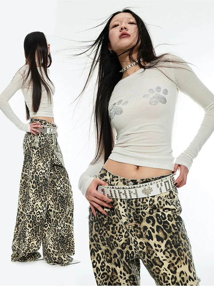 Distressed Leopard Wide-Leg Trousers