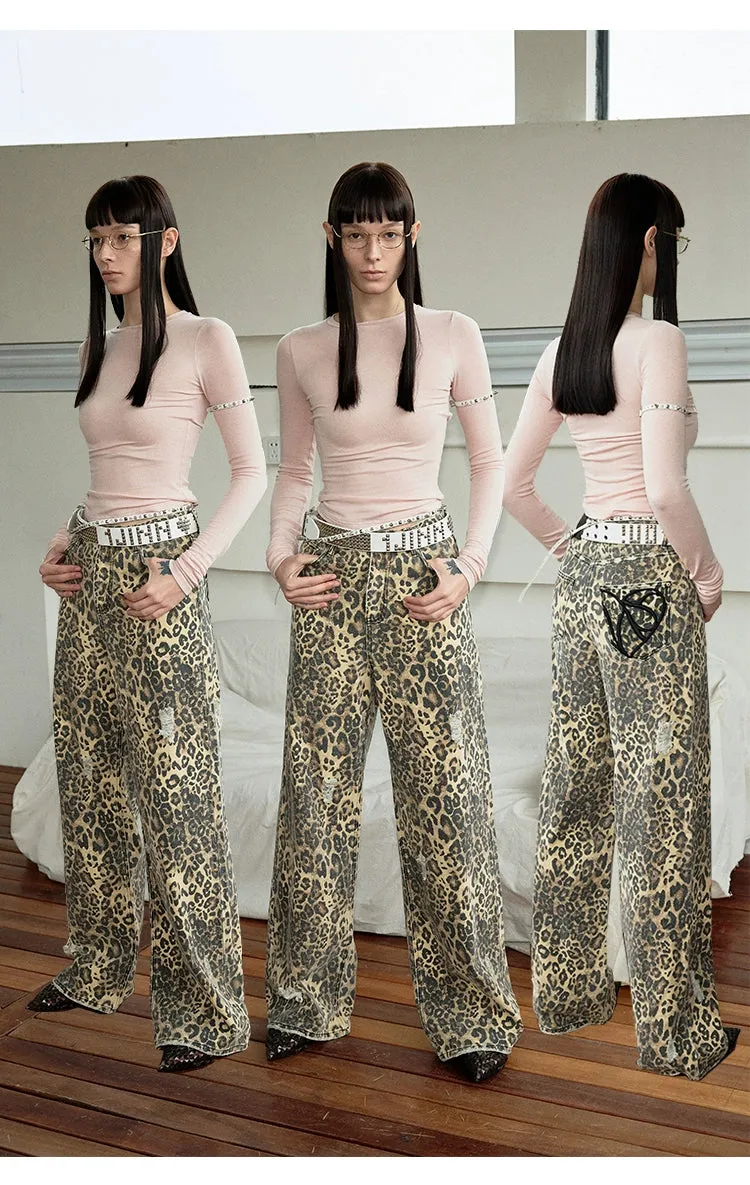 Distressed Leopard Wide-Leg Trousers