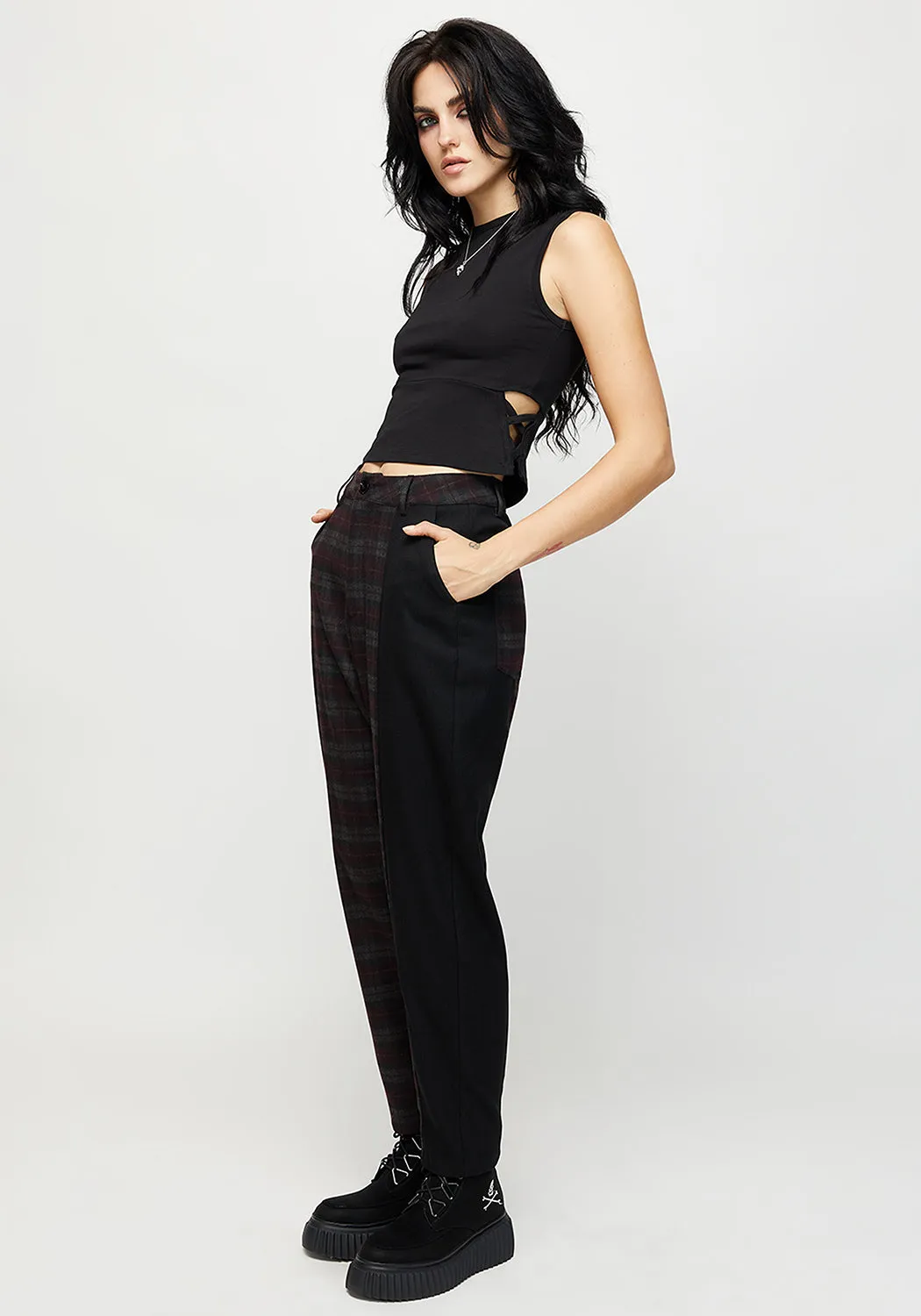 Dropout Spliced Check Mom Trousers