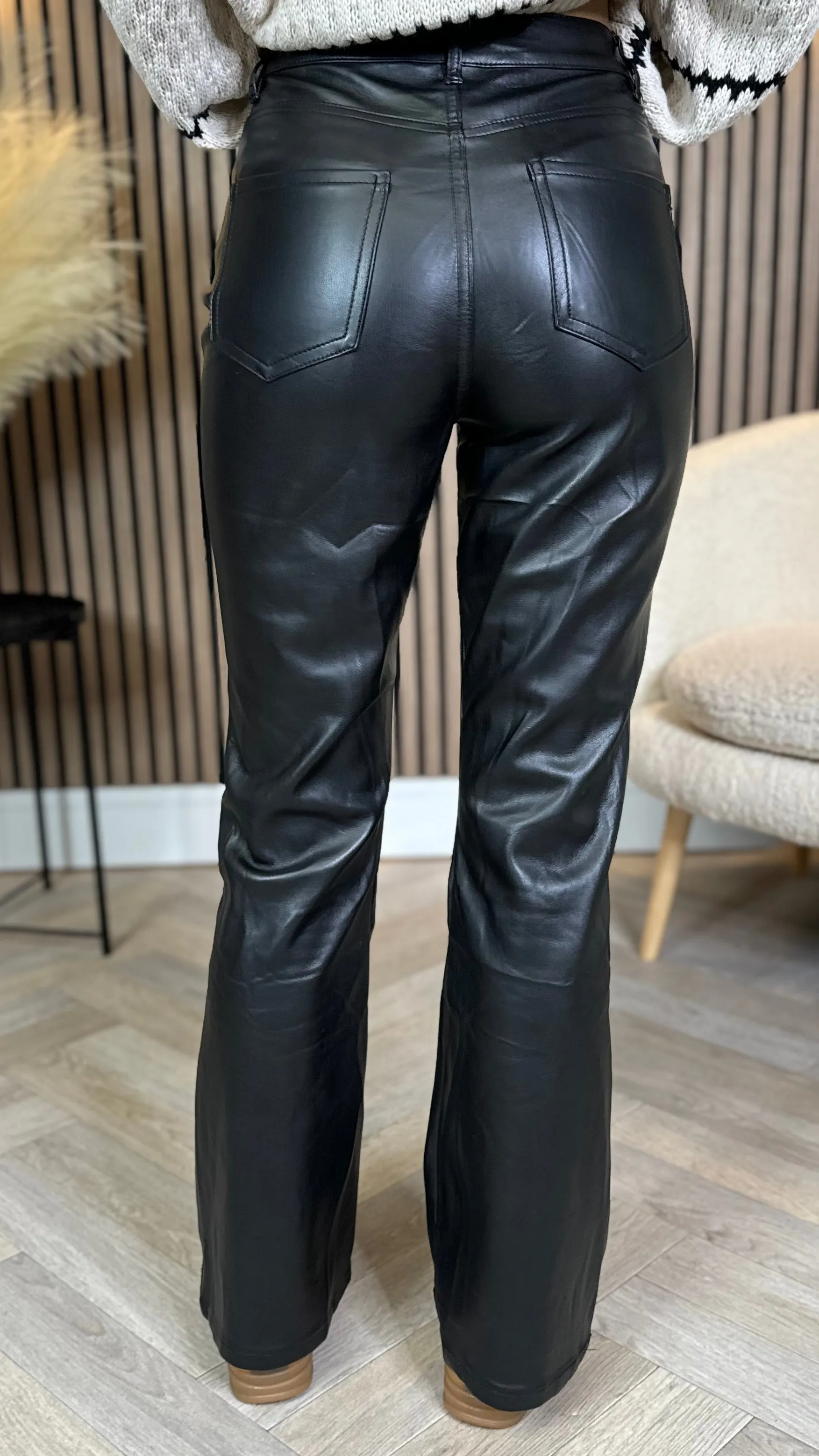 Ellison Black Leather Look Flared Leg Trousers