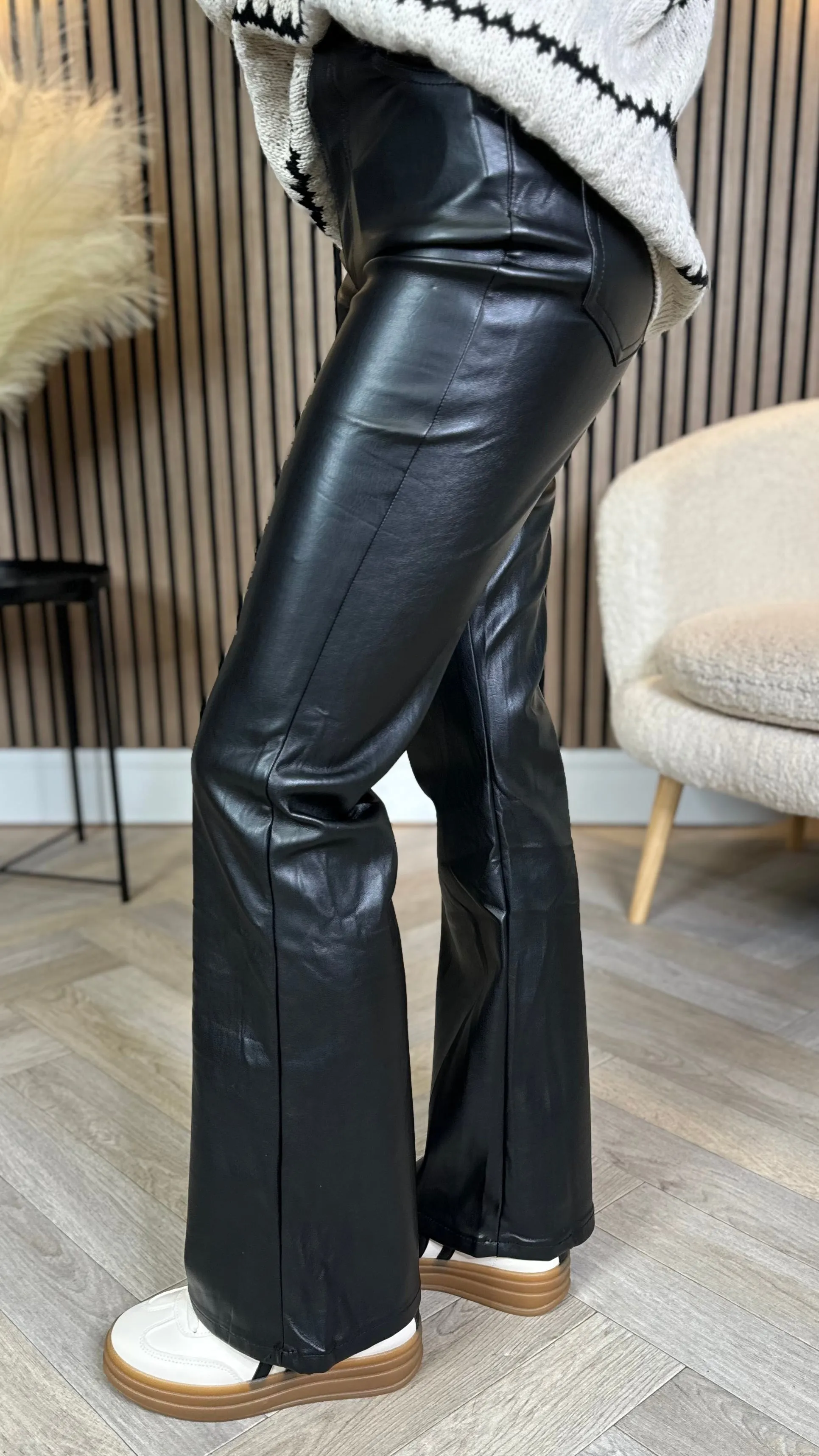 Ellison Black Leather Look Flared Leg Trousers