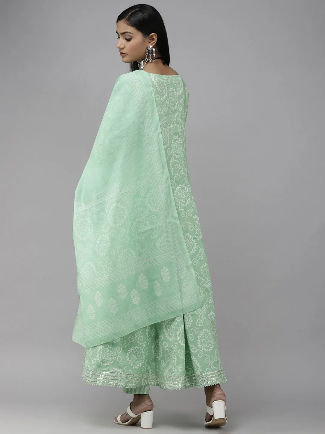 Green Bhandhani Yoke Design Dupatta Set