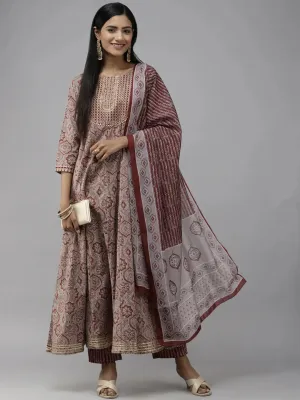 Grey Printed Yoke Design Dupatta Set