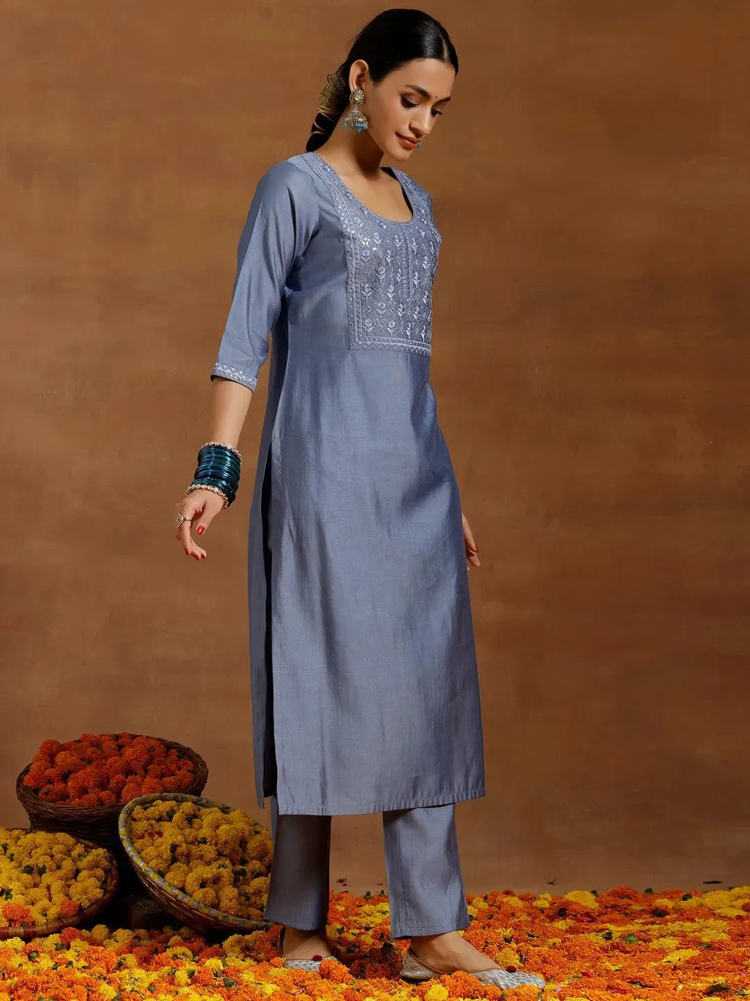 Grey Yoke Design Silk Blend Straight Kurta Set