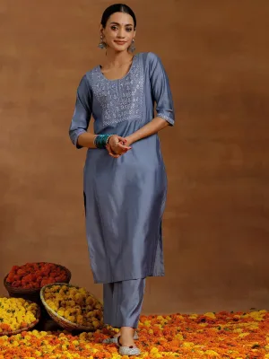 Grey Yoke Design Silk Blend Straight Kurta Set