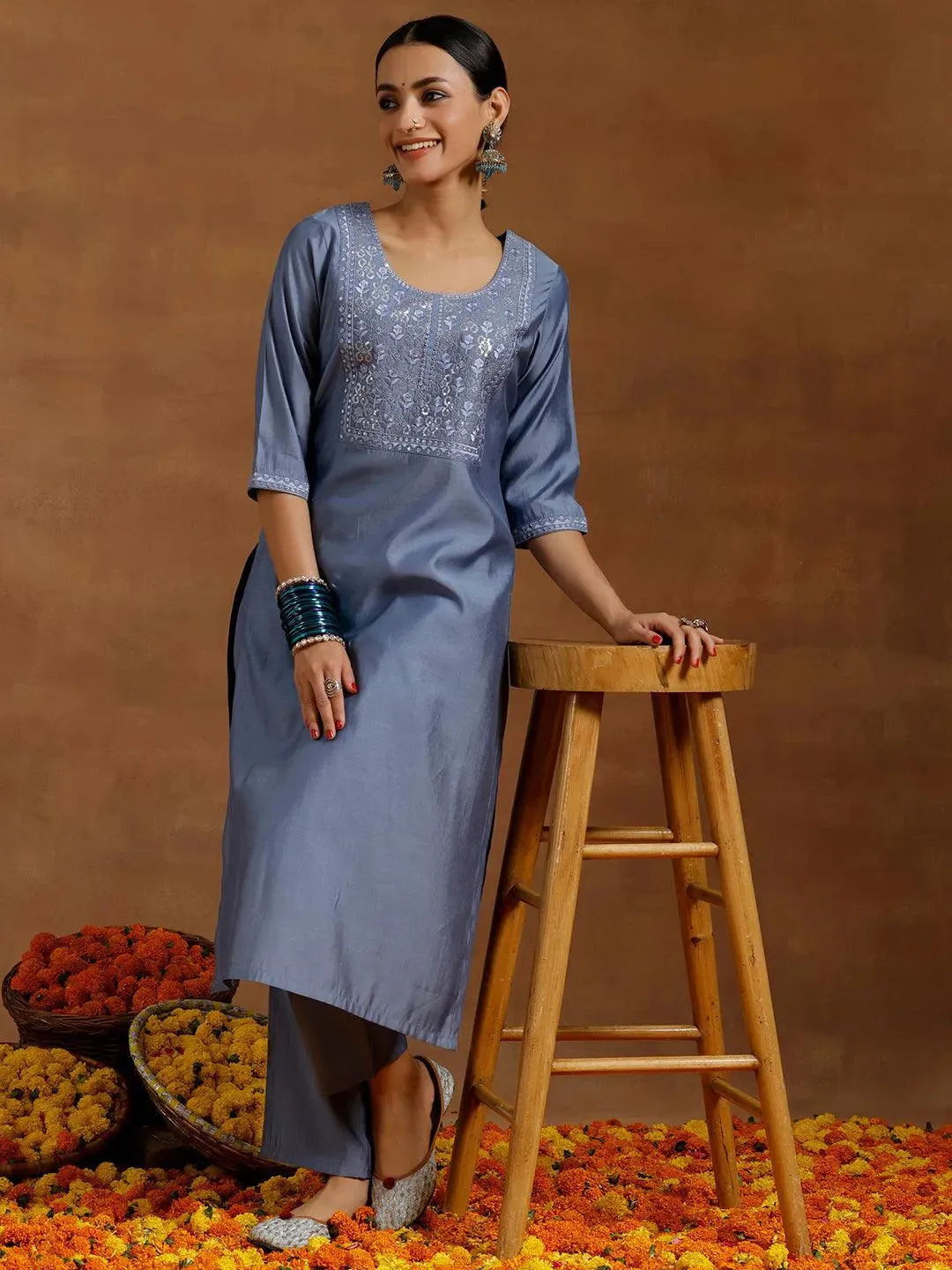 Grey Yoke Design Silk Blend Straight Kurta Set