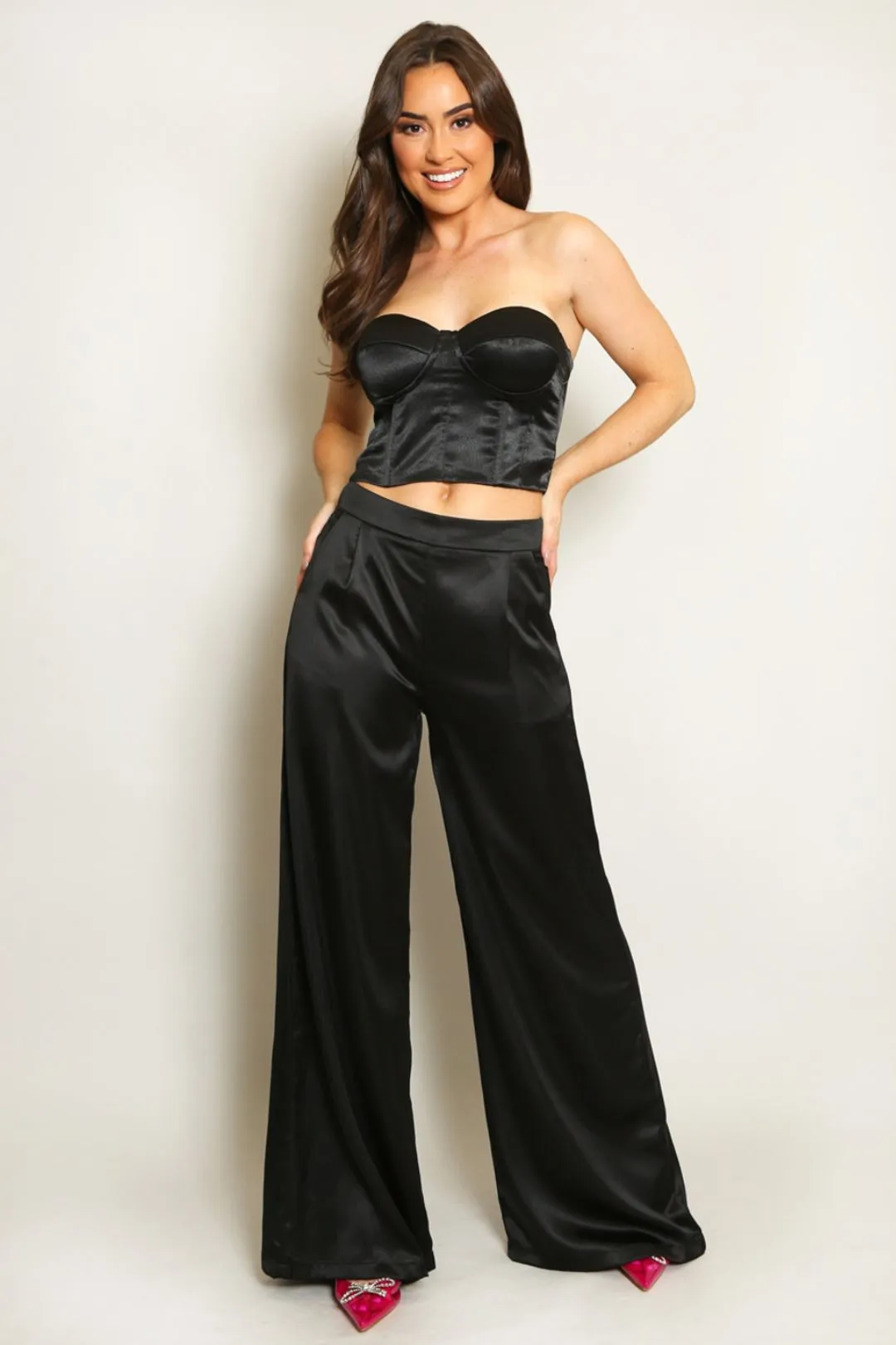 High Waisted Satin Wide Leg Trousers