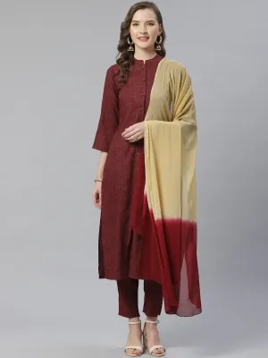 Jashvi Women Burgundy & Beige Self Checked Kurta with Trousers & Dupatta