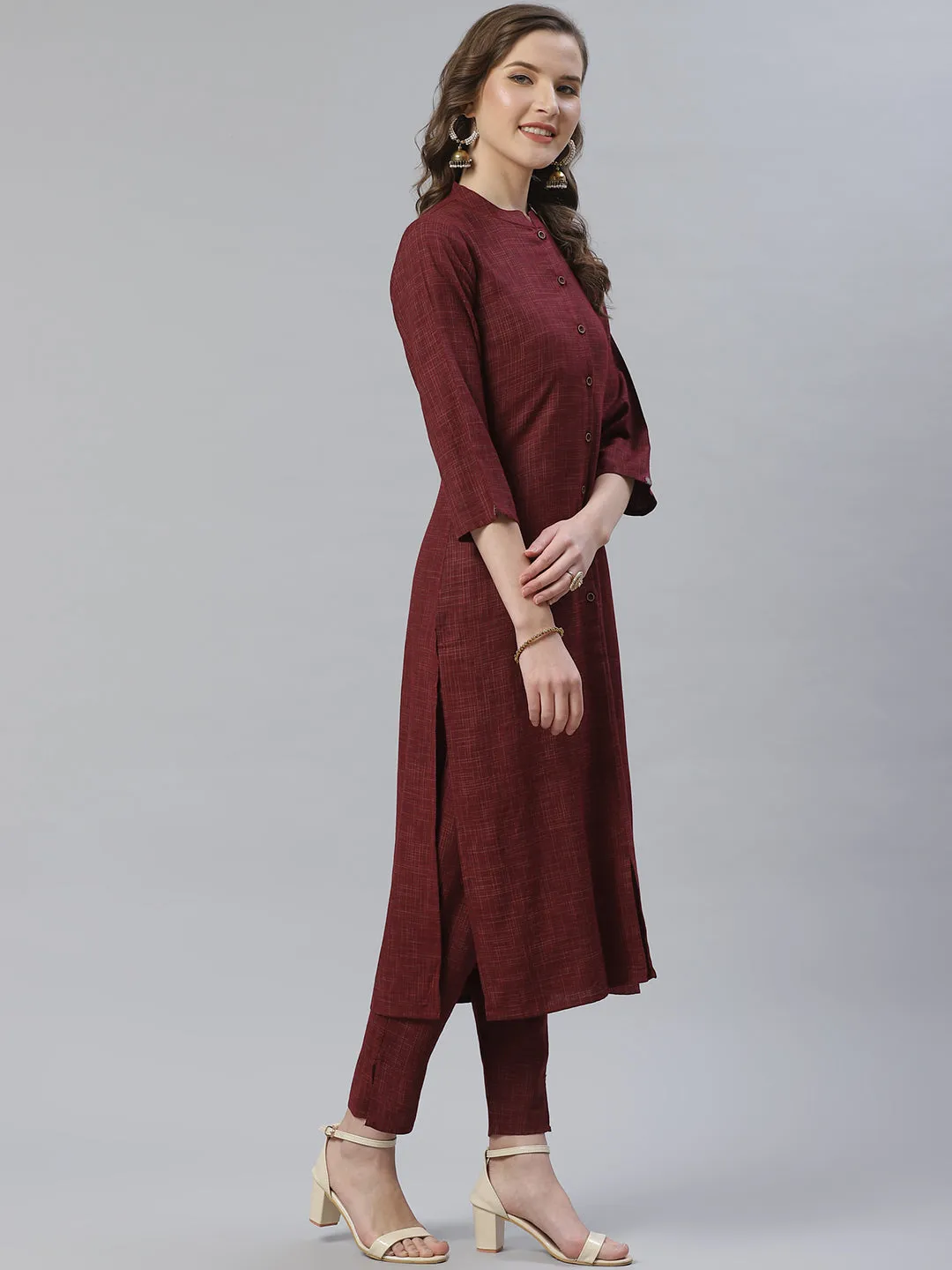 Jashvi Women Burgundy & Beige Self Checked Kurta with Trousers & Dupatta