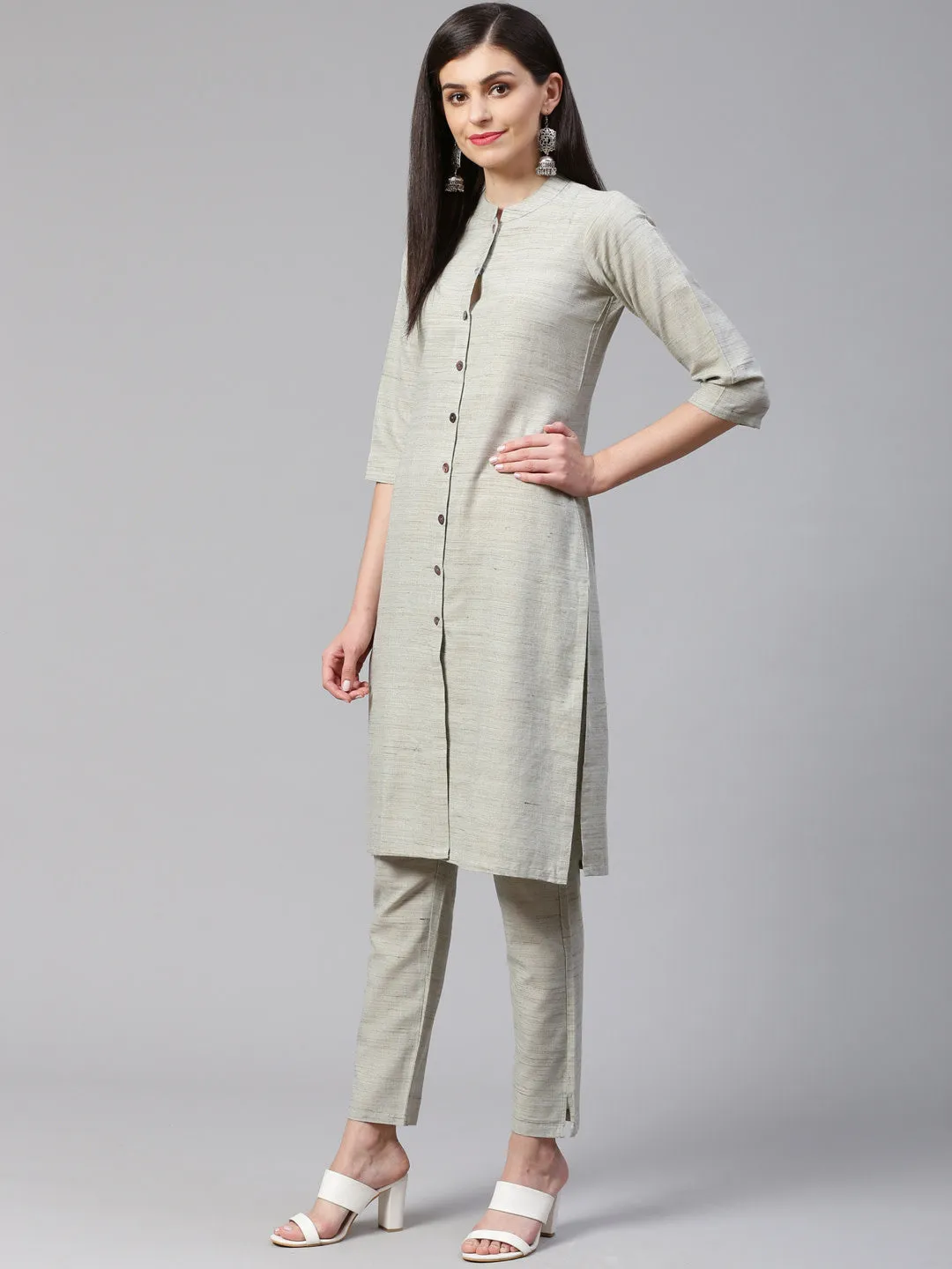 Jashvi Women Grey Woven Design Kurta with Trousers