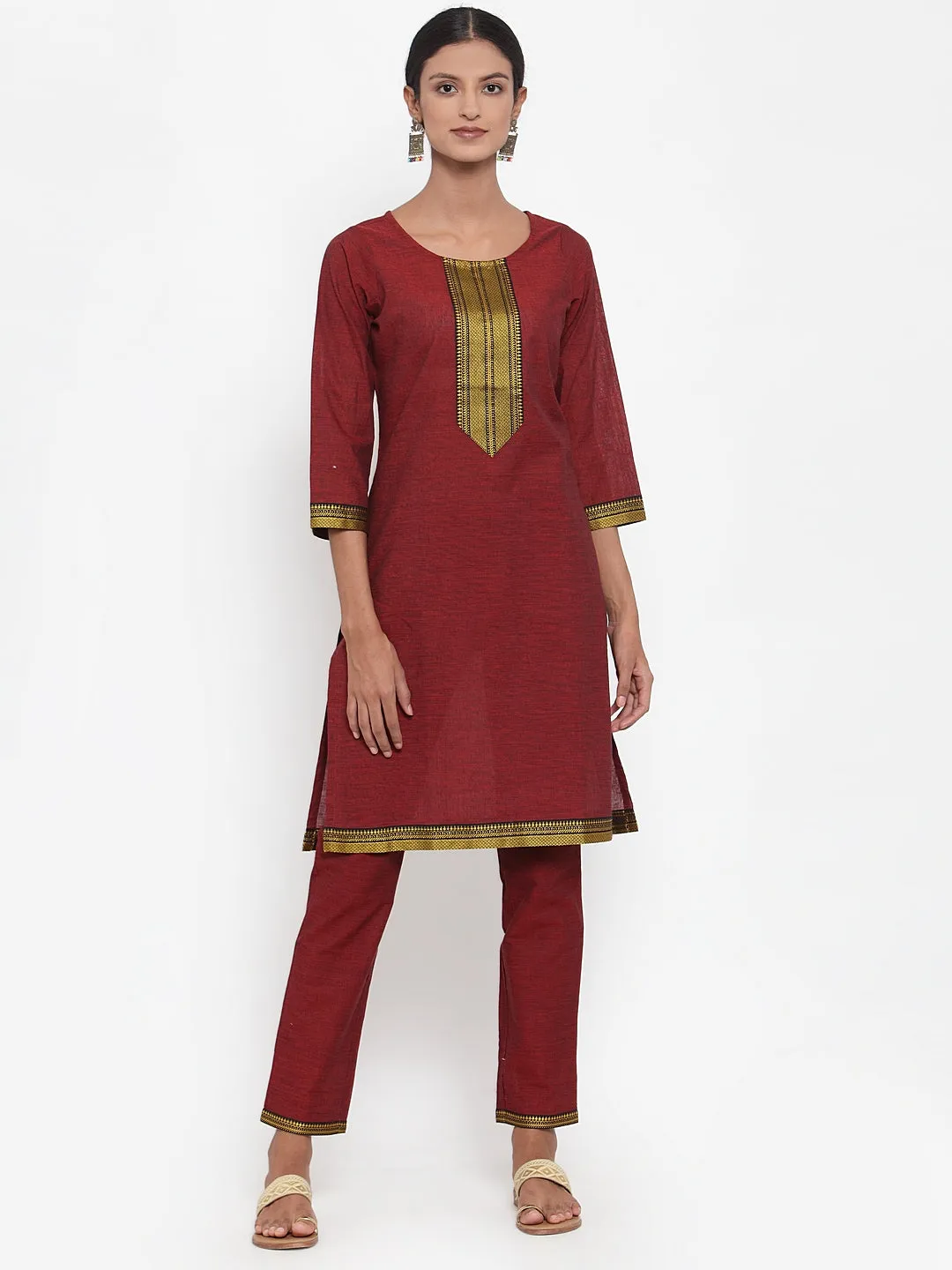 Jashvi Women Maroon Solid Kurta with Trousers & Dupatta