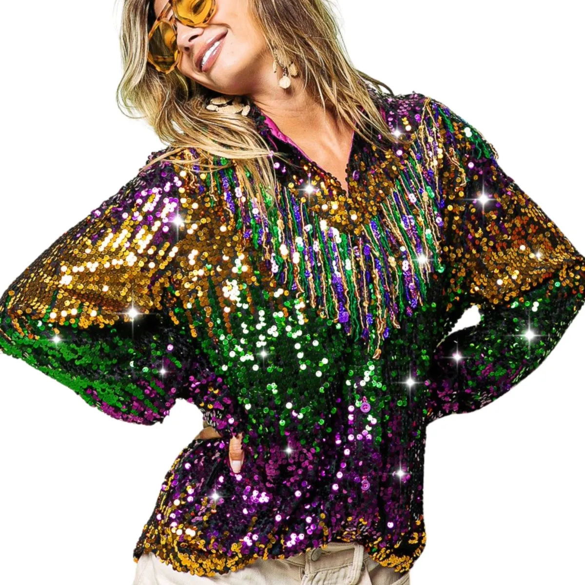 Ladies Fringe Mardi Gras Sequin Top