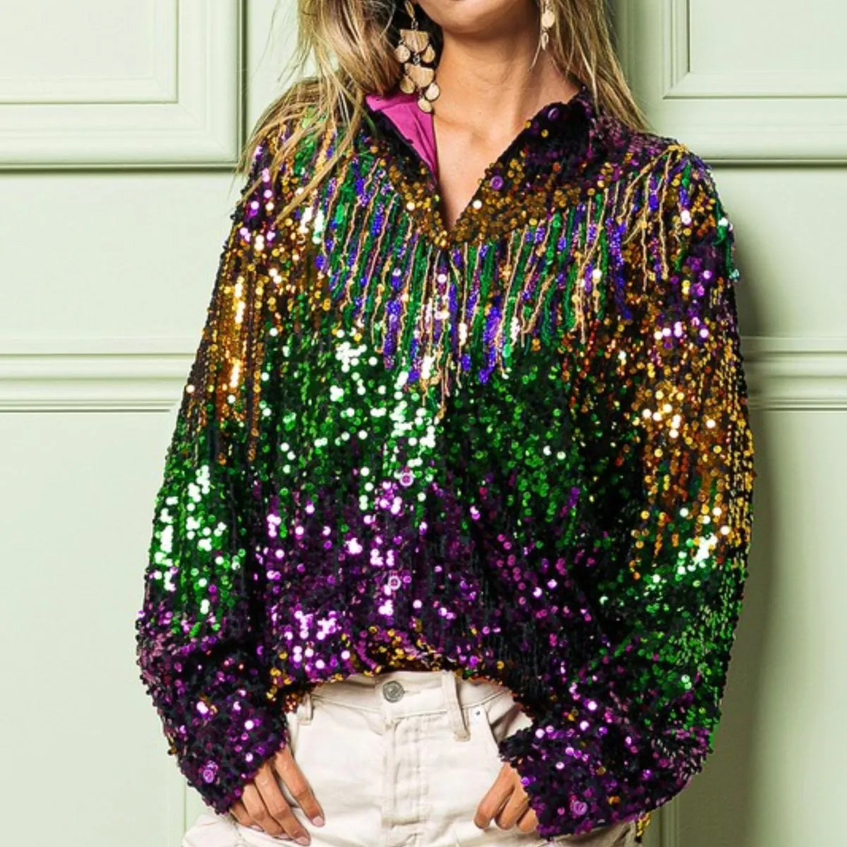 Ladies Fringe Mardi Gras Sequin Top