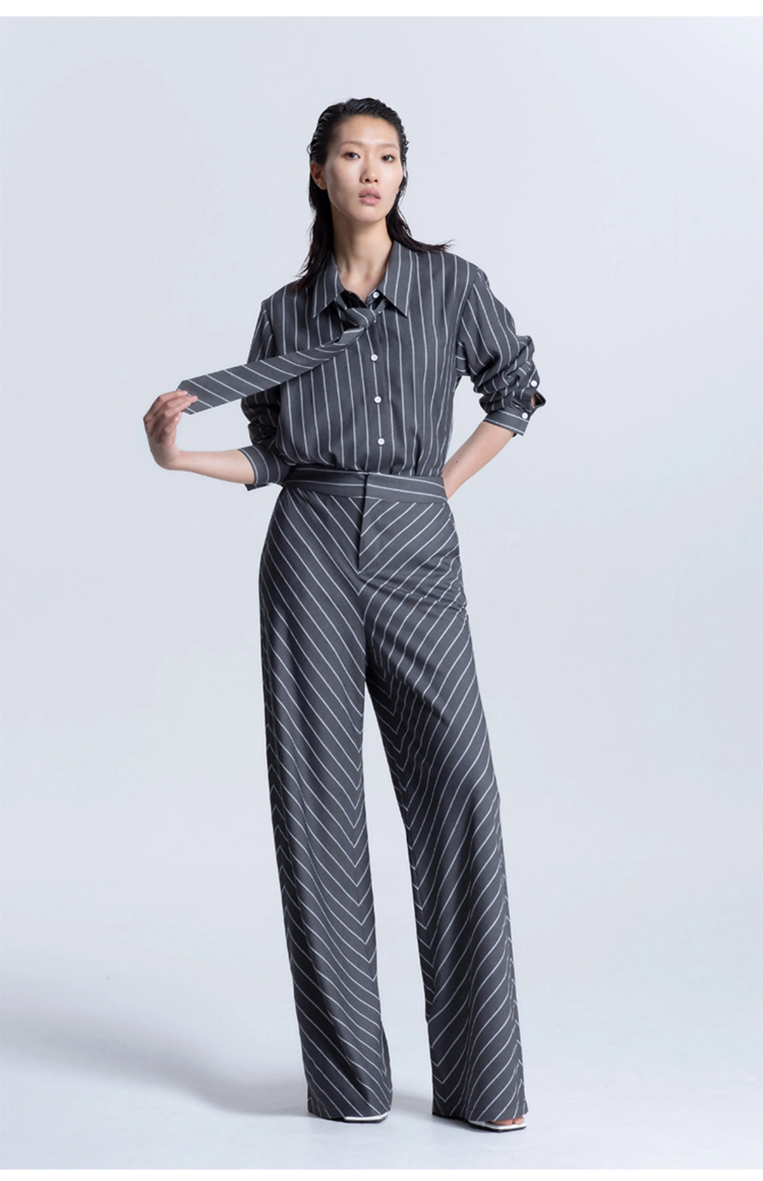 LEDIM W highend oblique stripe gray wide leg pants trousers -pieo