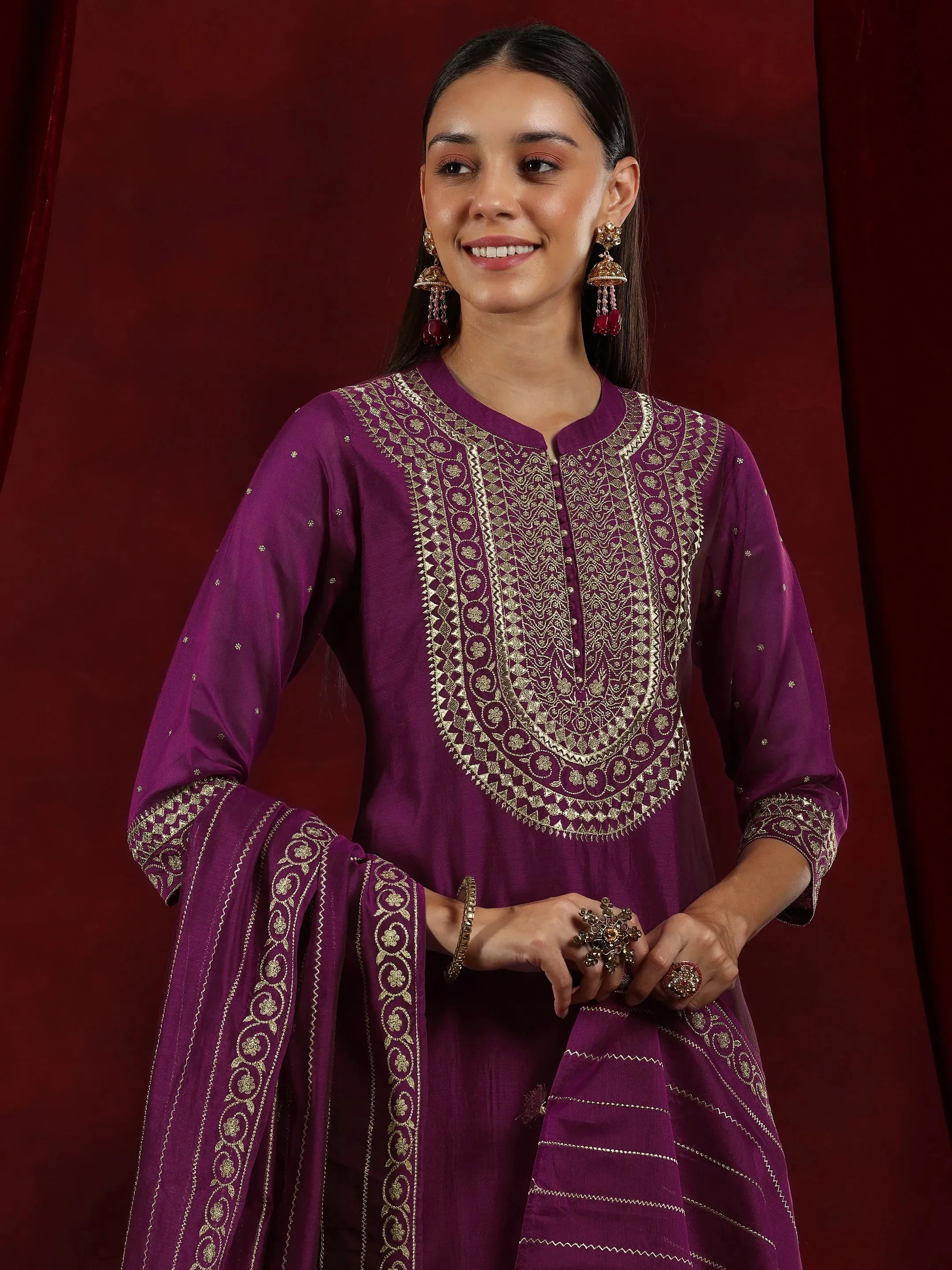 Libas Art Wine Yoke Design Chanderi Silk Straight Suit With Dupatta