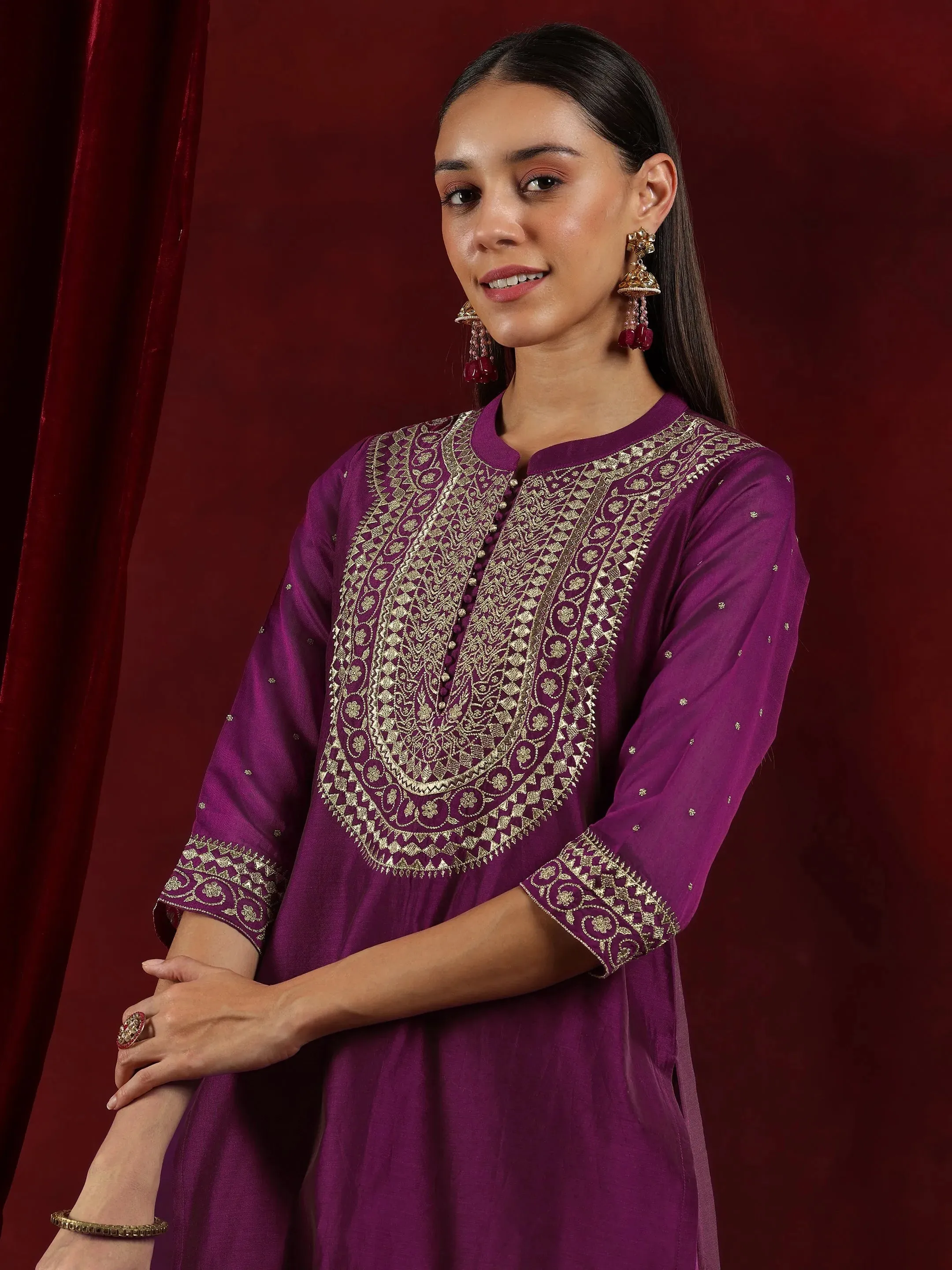 Libas Art Wine Yoke Design Chanderi Silk Straight Suit With Dupatta