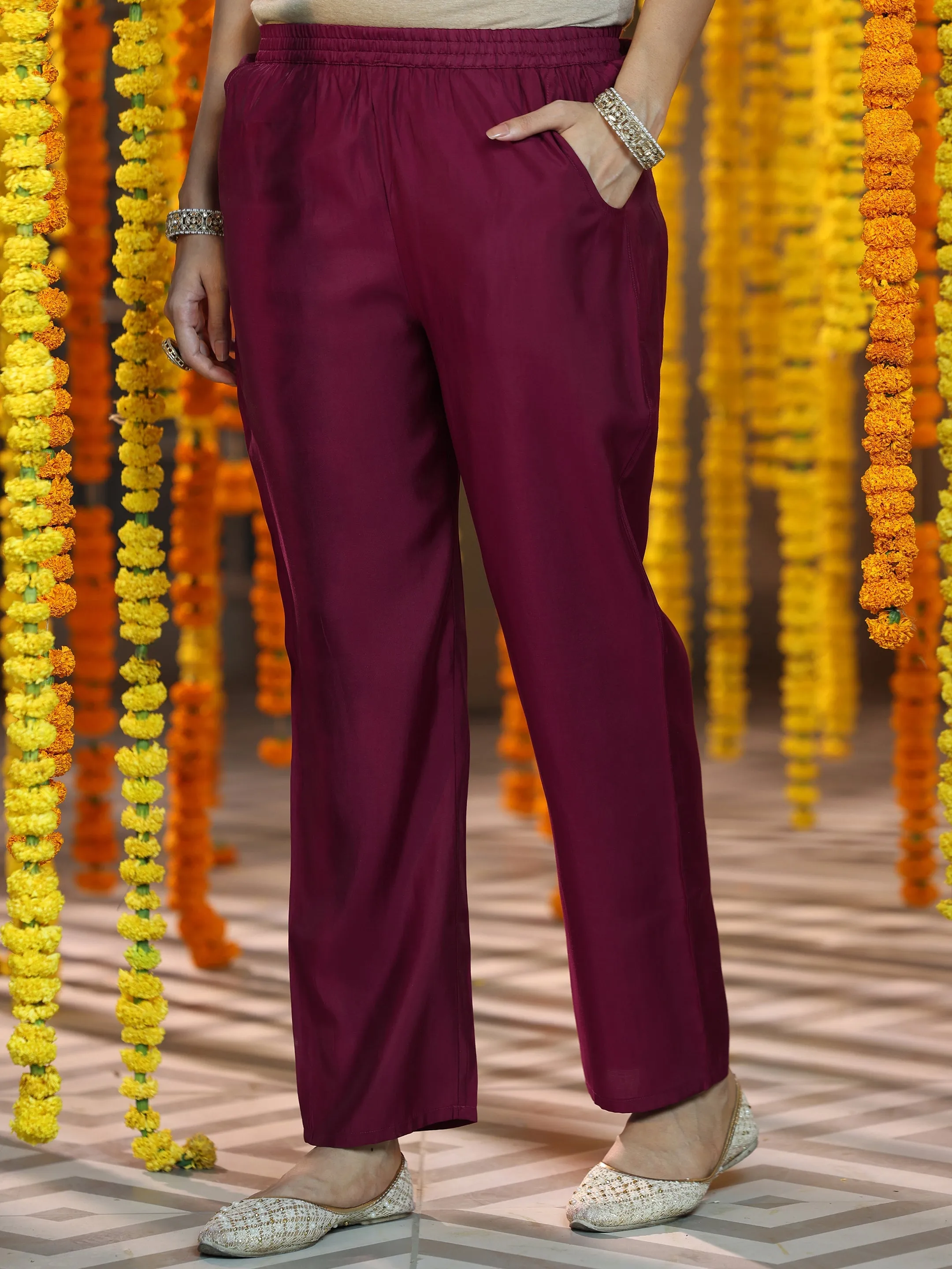 Maroon Yoke Design Silk Blend A-Line Kurta With Trousers & Dupatta