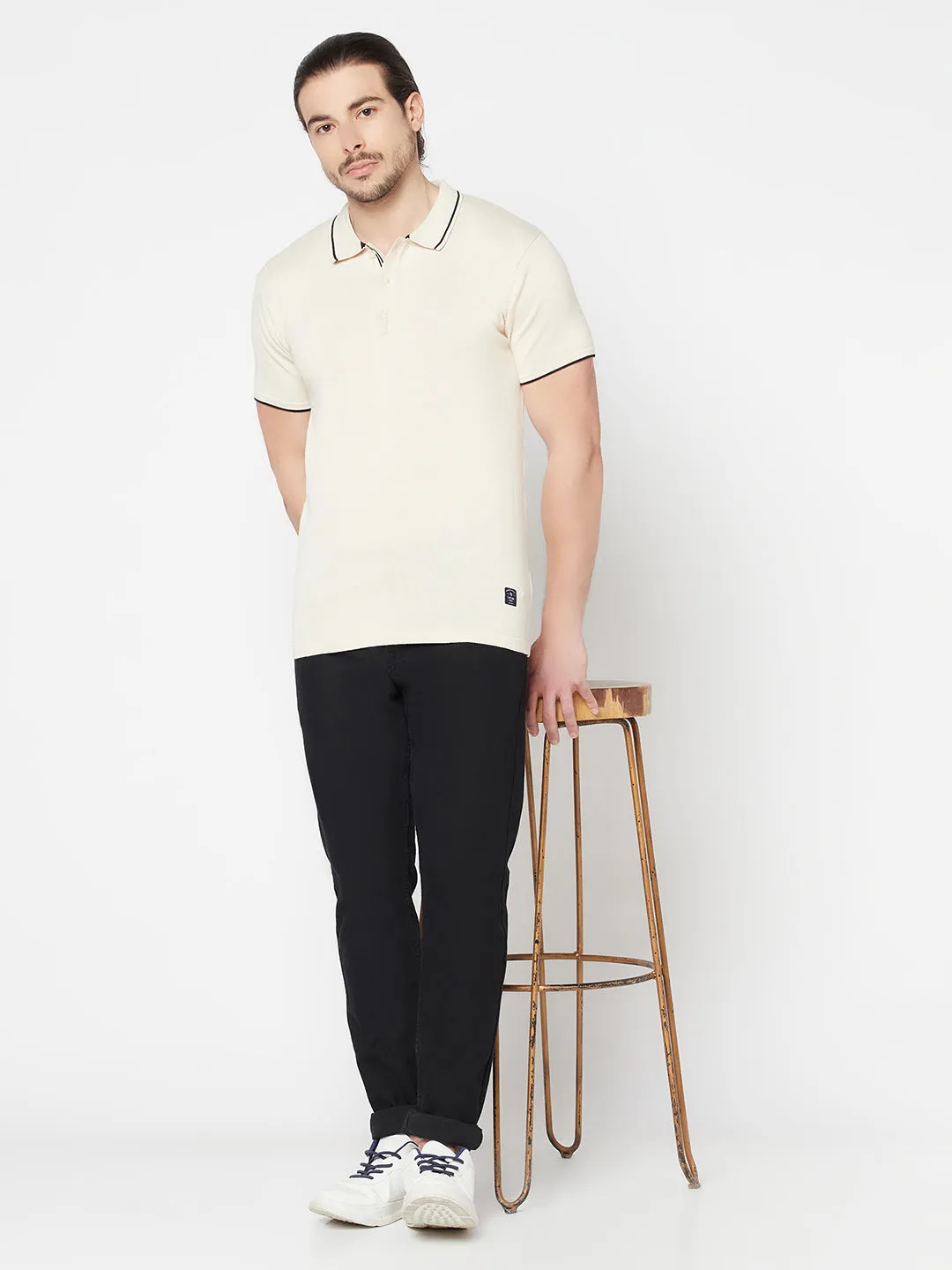 Men's Offwhite  Polo neck Half Sleeve Flatknit T-Shirt