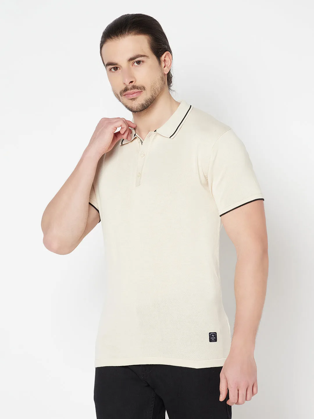 Men's Offwhite  Polo neck Half Sleeve Flatknit T-Shirt