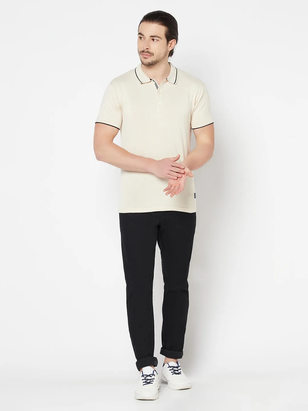 Men's Offwhite  Polo neck Half Sleeve Flatknit T-Shirt