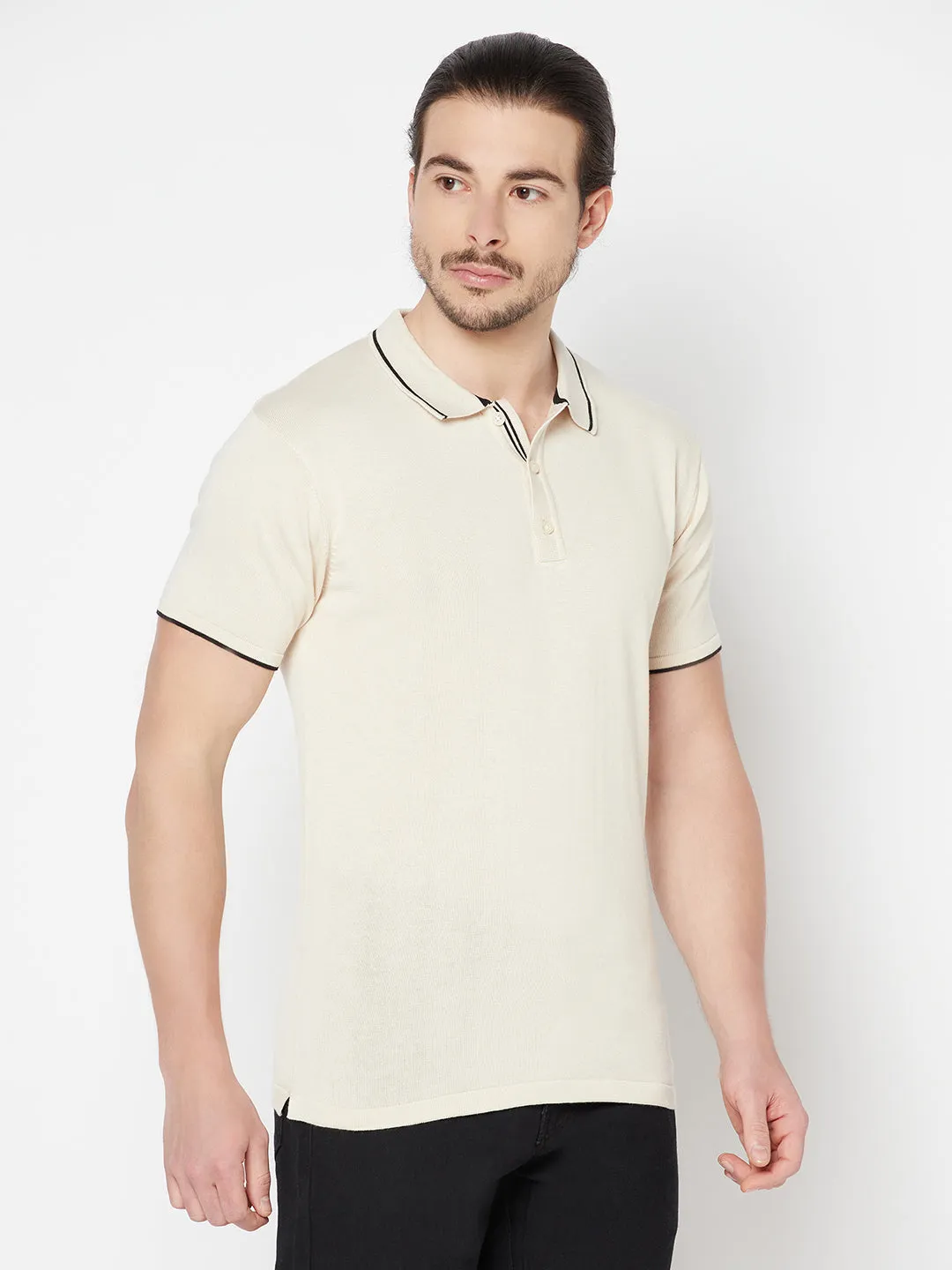 Men's Offwhite  Polo neck Half Sleeve Flatknit T-Shirt