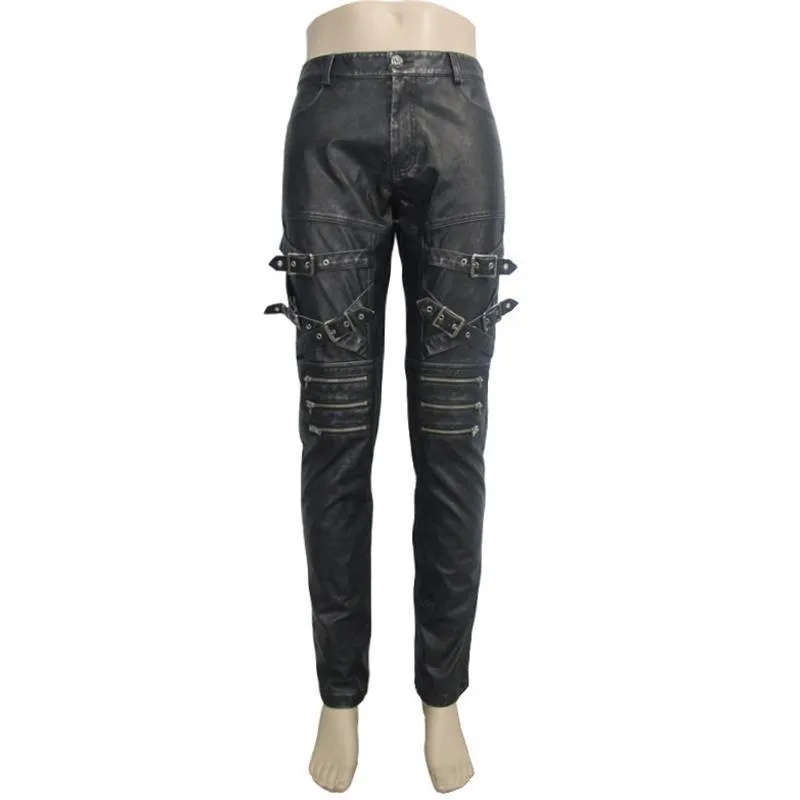 Men's Punk Faux Leather Trousers With Decorative Straps