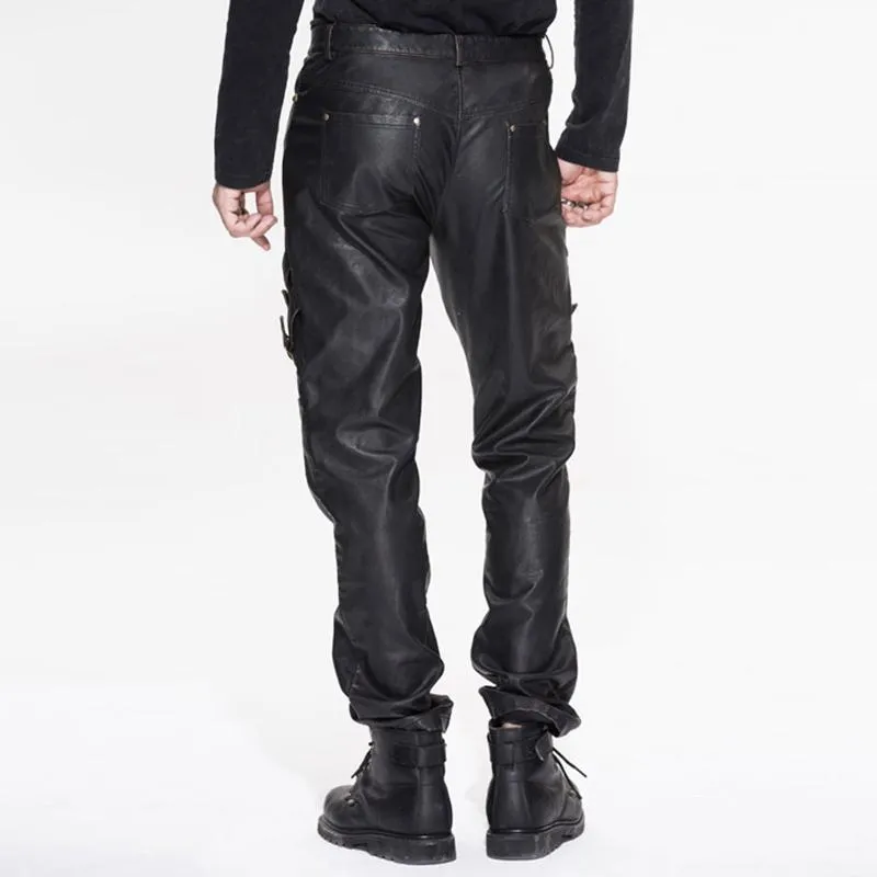 Men's Punk Faux Leather Trousers With Decorative Straps