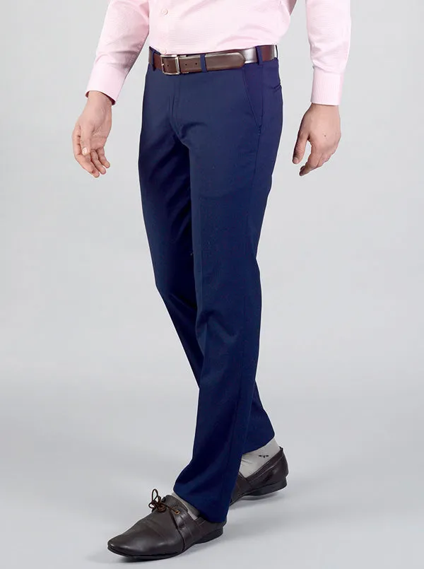 Navy Blue Self Textured Slim Fit Formal Trouser | JB Studio