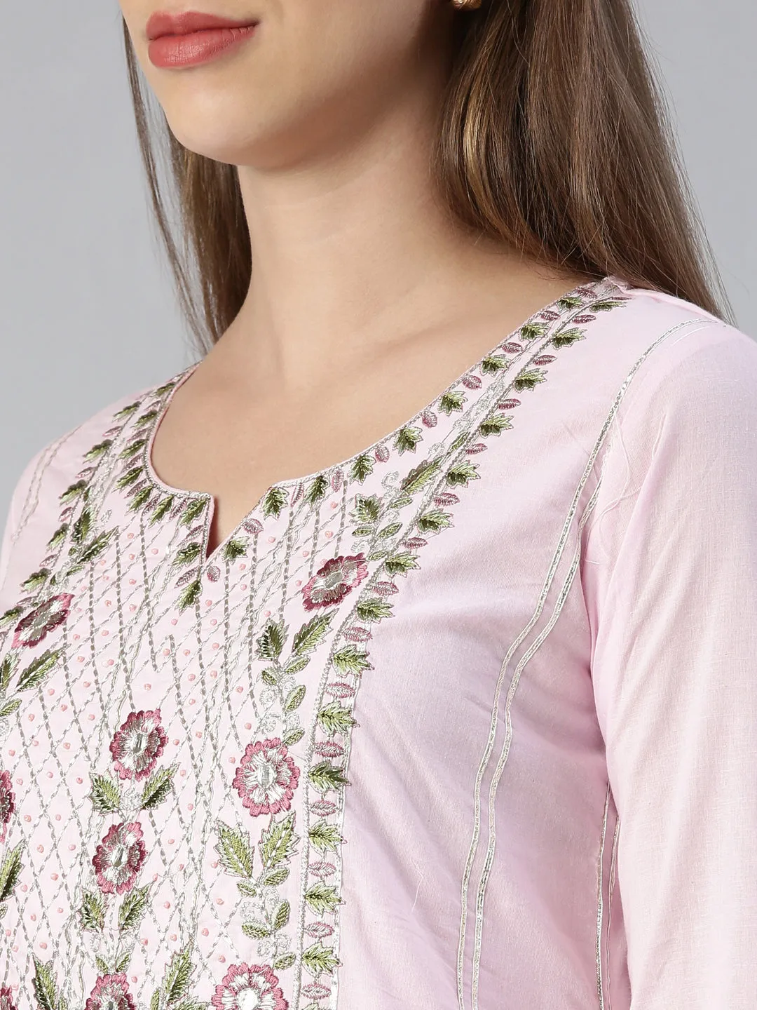 Neeru's Women Baby Pink Yoke Design Calf Length Kurta And Trousers With Dupatta