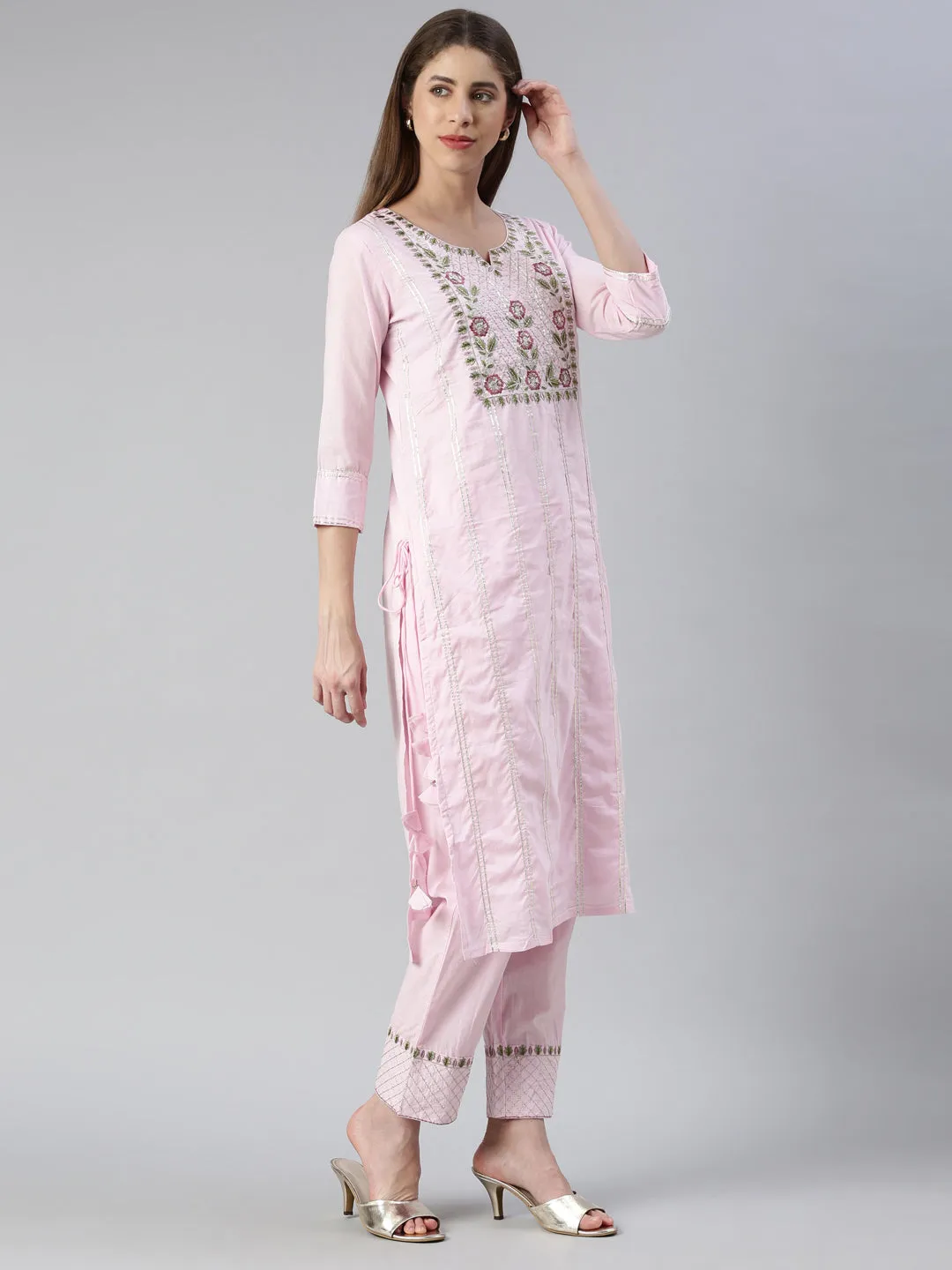 Neeru's Women Baby Pink Yoke Design Calf Length Kurta And Trousers With Dupatta