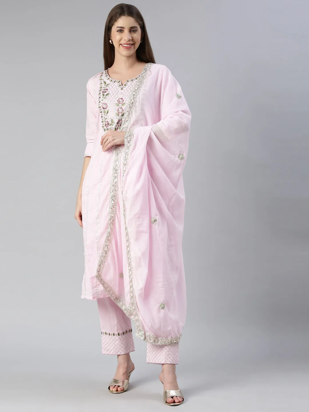 Neeru's Women Baby Pink Yoke Design Calf Length Kurta And Trousers With Dupatta