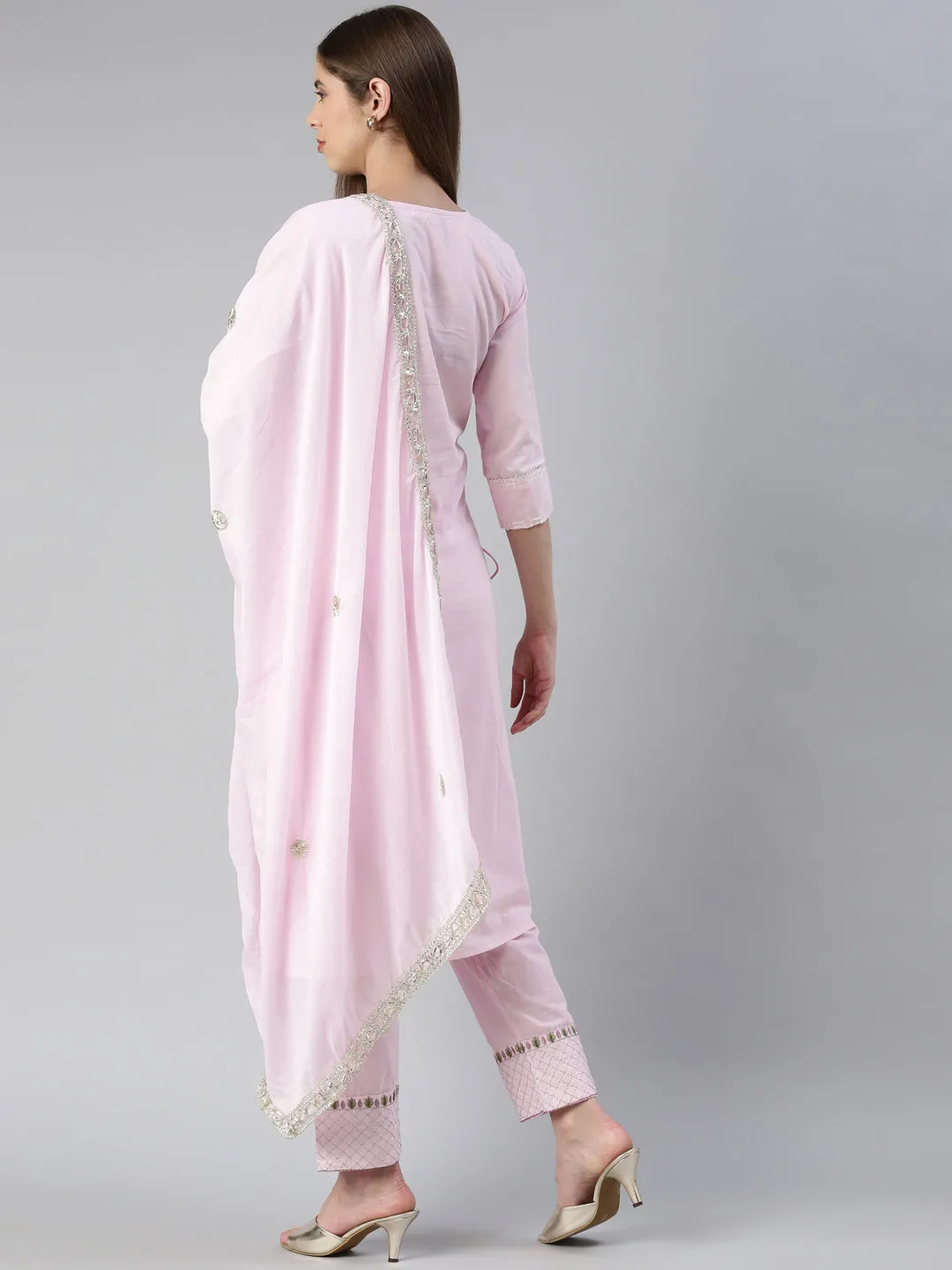 Neeru's Women Baby Pink Yoke Design Calf Length Kurta And Trousers With Dupatta