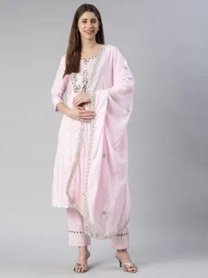 Neeru's Women Baby Pink Yoke Design Calf Length Kurta And Trousers With Dupatta