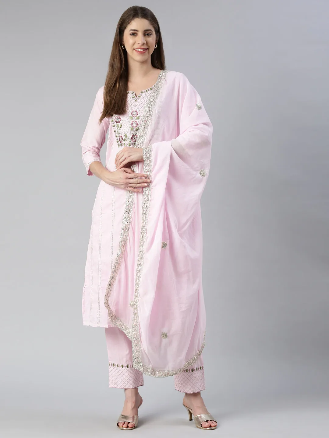 Neeru's Women Baby Pink Yoke Design Calf Length Kurta And Trousers With Dupatta