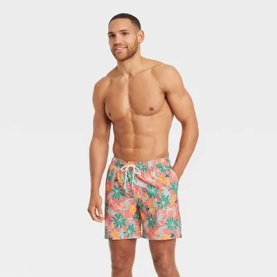 New - Men's 7" Floral Print Swim Shorts with Boxer Brief Liner - Goodfellow & Co™ Red XS