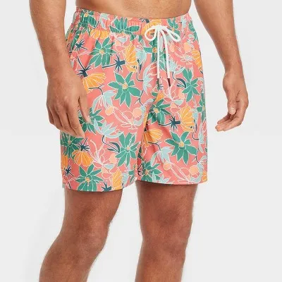 New - Men's 7" Floral Print Swim Shorts with Boxer Brief Liner - Goodfellow & Co™ Red XS