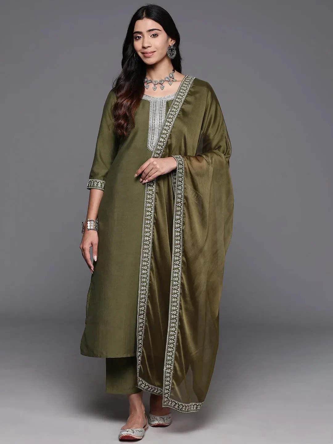 Olive Yoke Design Silk Blend Pakistani Suit