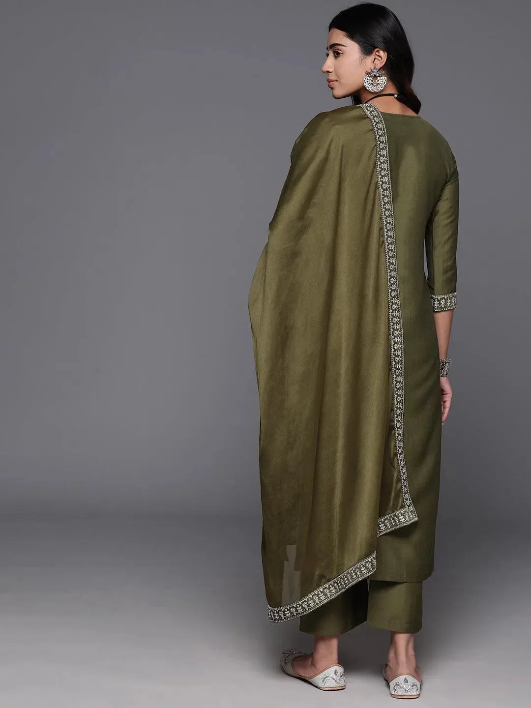 Olive Yoke Design Silk Blend Pakistani Suit