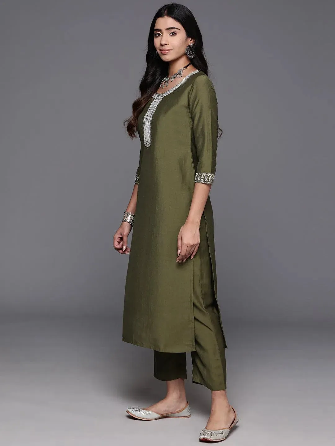 Olive Yoke Design Silk Blend Pakistani Suit