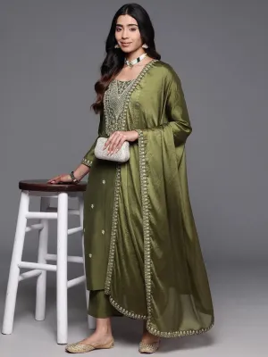 Olive Yoke Design Silk Blend Straight Suit With Dupatta