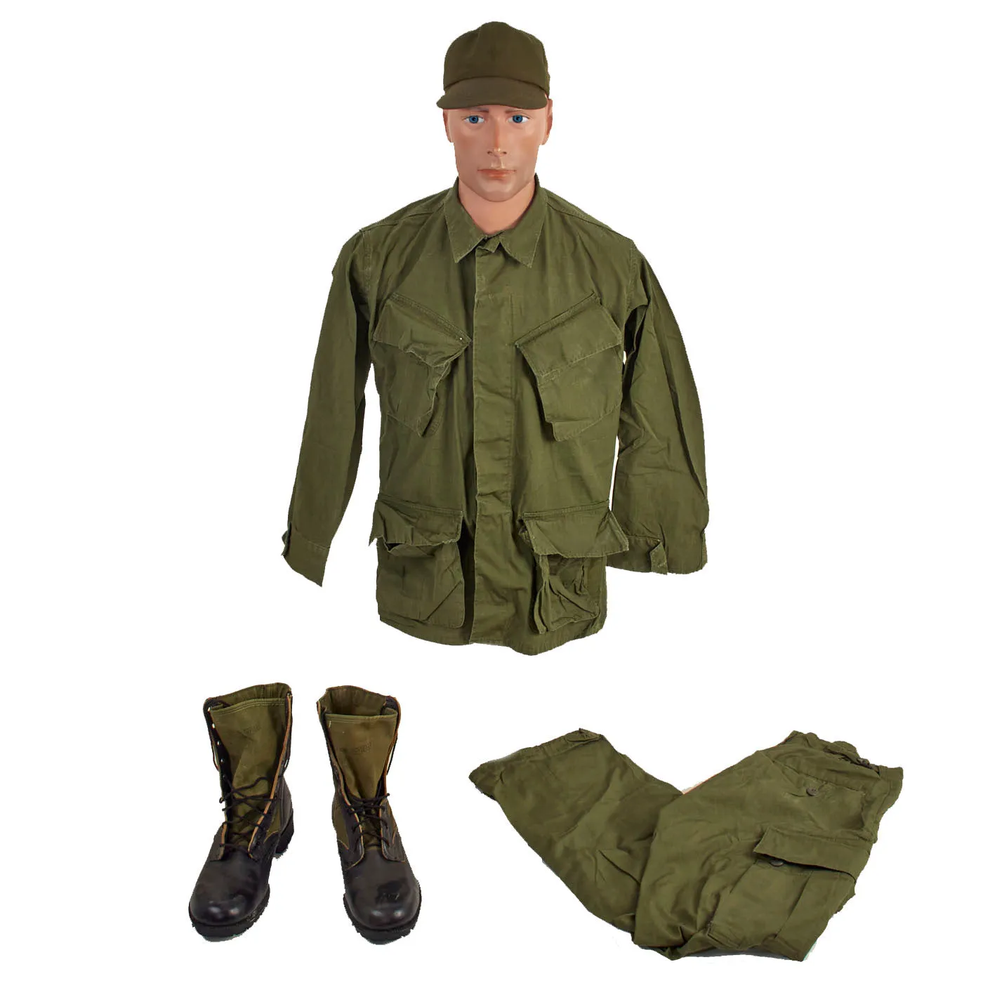 Original U.S. Vietnam War Jungle Fatigue Uniform Set with 1967 Dated Jungle Boots and Cap